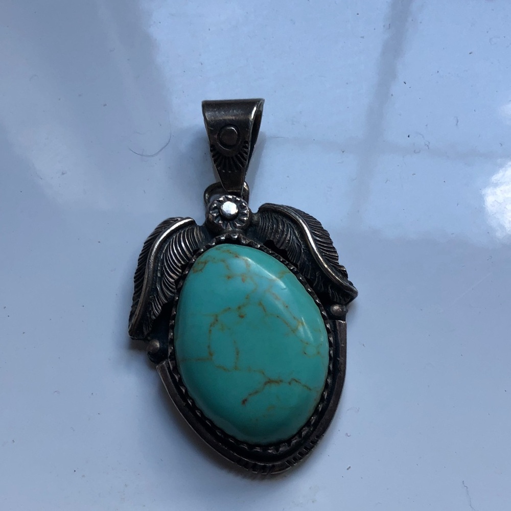 Vintage Sterling Silver 925 Mexico Turquoise Center Stone Leaf Pendant Size OS